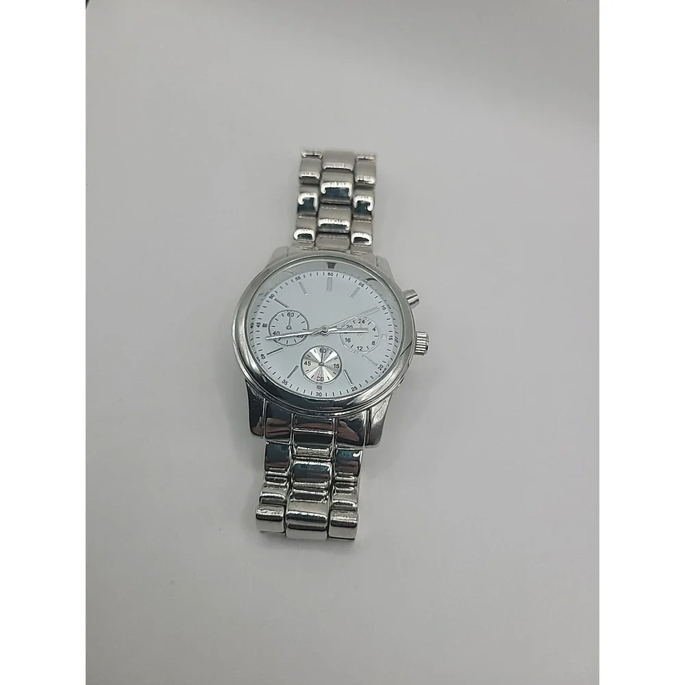 Vintage Silver Tone Chronogragh‎ Style Quartz Watch Metal Link Bracelet
